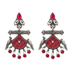 Silver plated bird drop earring - red