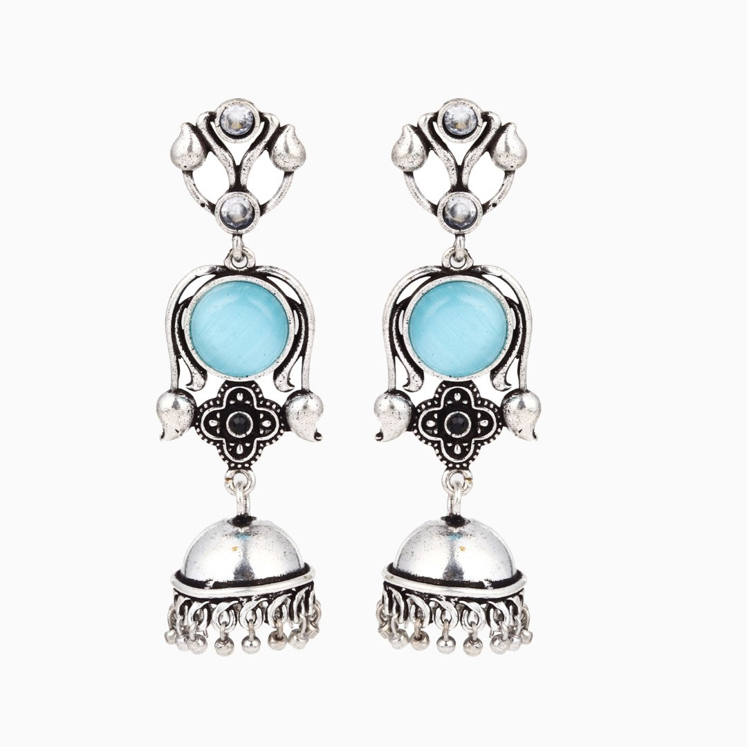Silver oxydised lightweight long Jhumka Blue