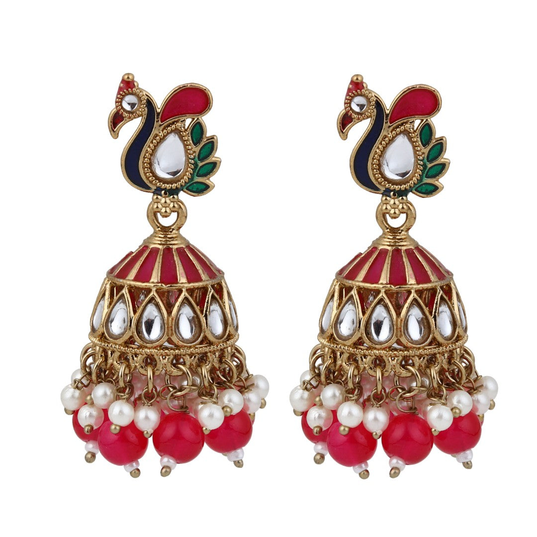 Peacock-inspired jhumka earrings- Pink
