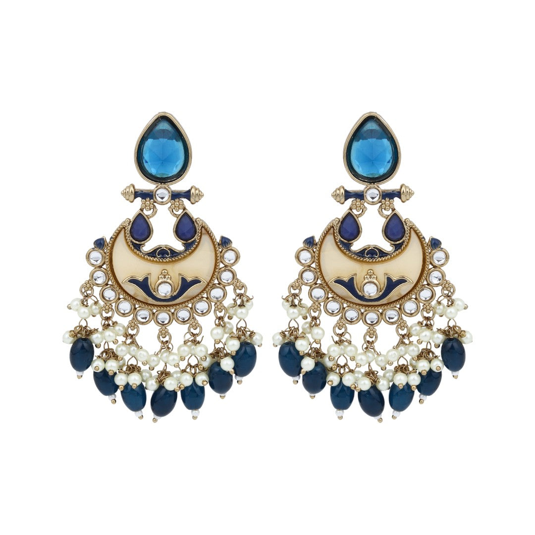Gold-Plated Meenakari Stud Earrings with Kundan & Pearl Cluster drops - blue