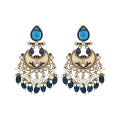 Gold-Plated Meenakari Stud Earrings with Kundan & Pearl Cluster drops - blue