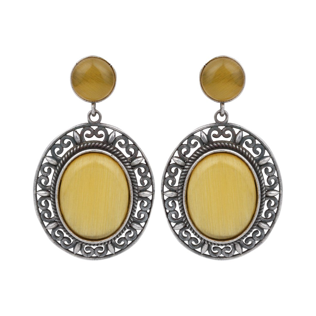 Oval Drop Earring in Silver frame with filigree Yellow