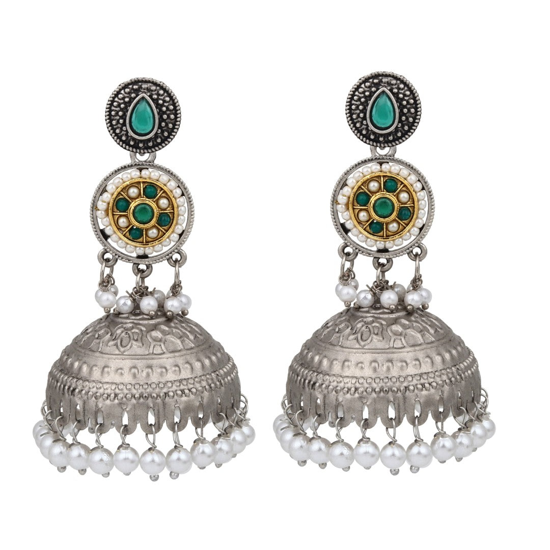 Silver plated long Jhumka - Green