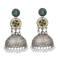 Silver plated long Jhumka - Green