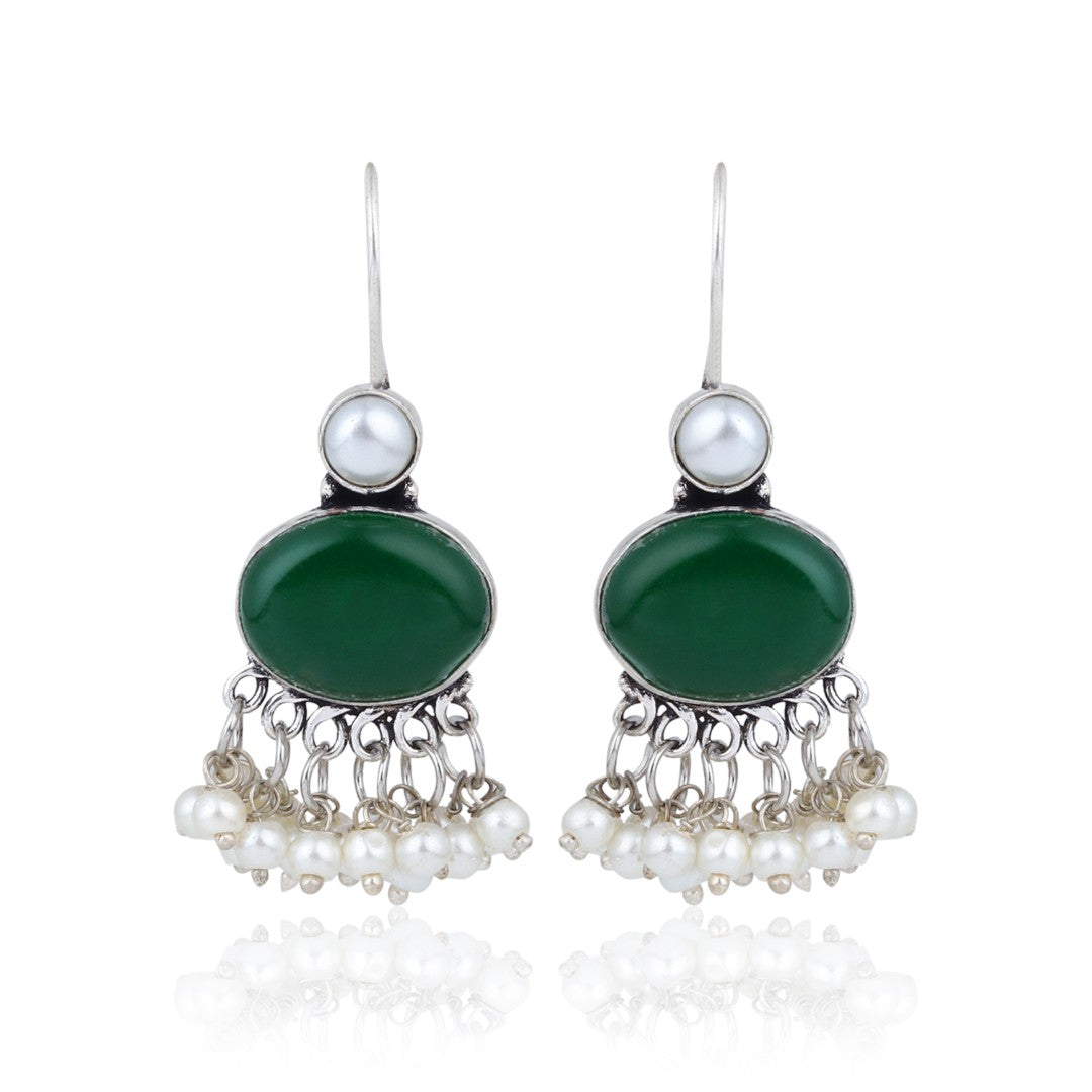 Green Stone Pearl Fringe Drop Earrings