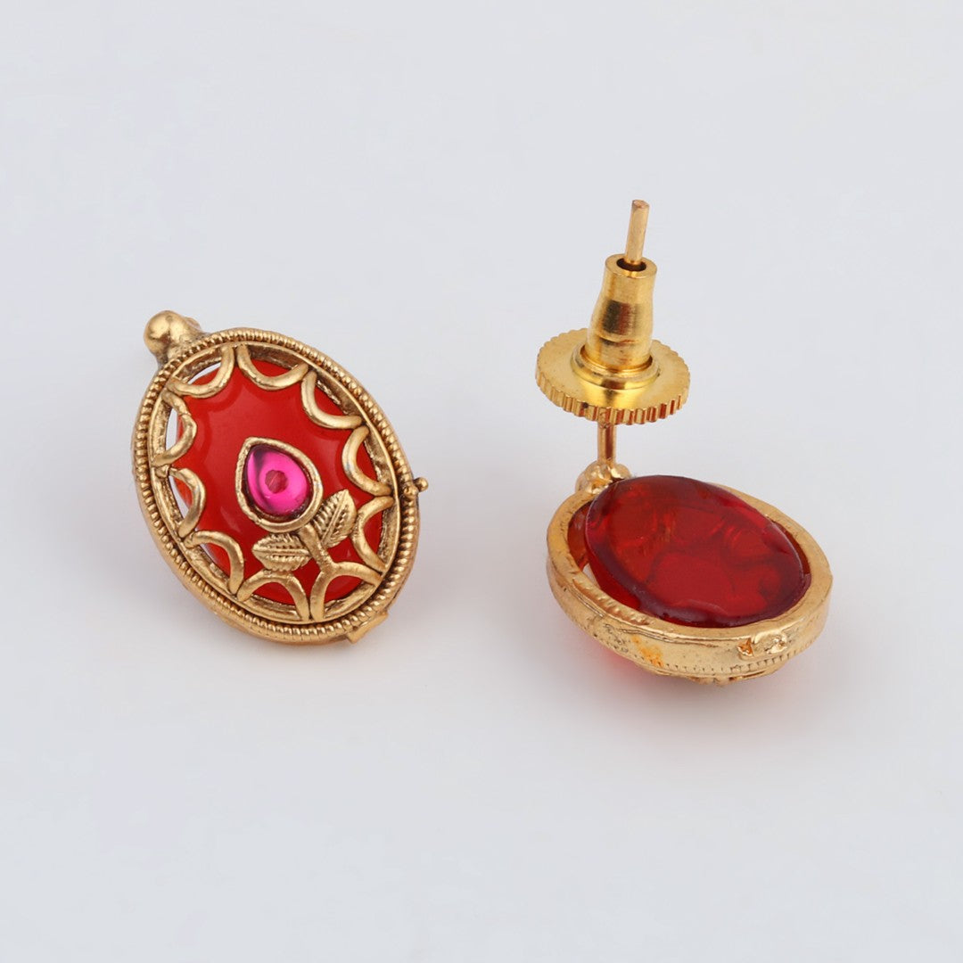 Floral Kundan Pendant Necklace & Stud Earrings Set Red