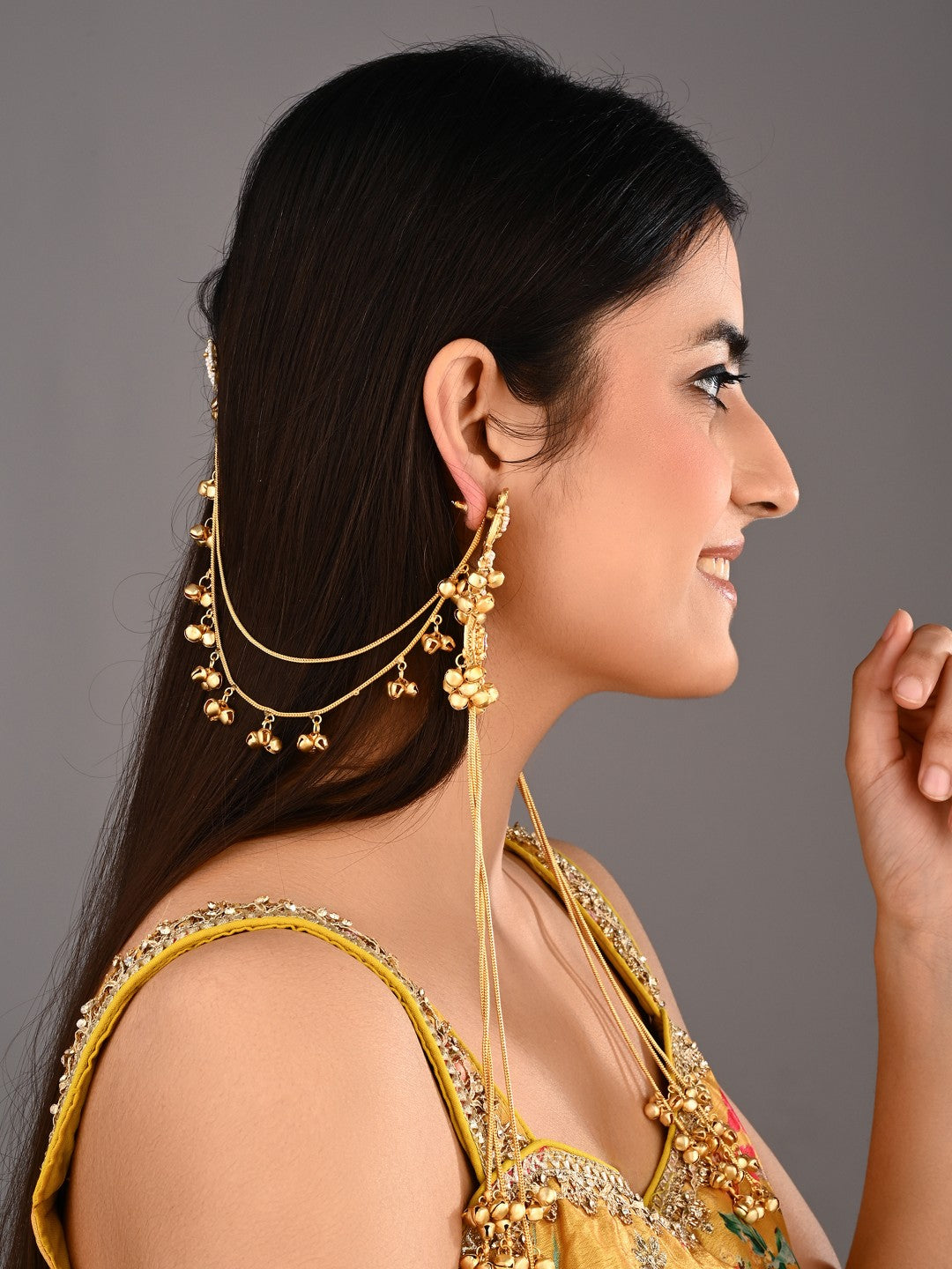 Gold-Tone Kundan Red Stone Kashmiri Long Chain Earrings