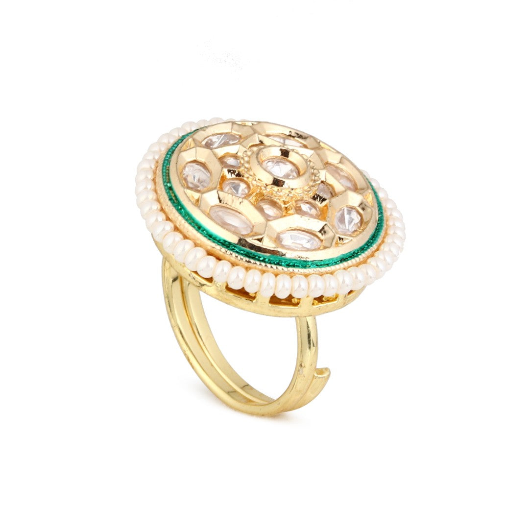 Brass Kundan Halo Pearl-Edge Ring