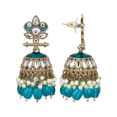 Gold plated Kundan & Meenakari Jhumka Earrings - Teal
