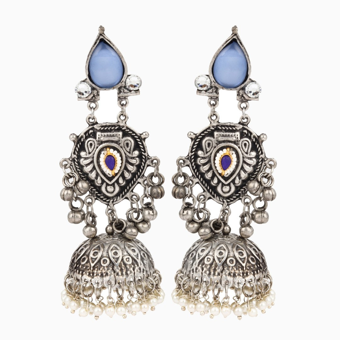 Silver oxydised lightweight long Jhumka Earring - Blue