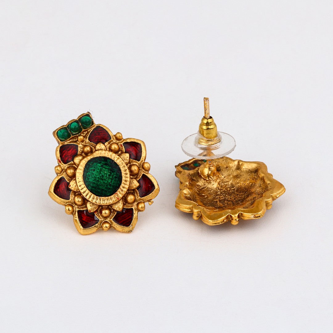 Antique Gold Goddess Motif Temple Necklace Set Green