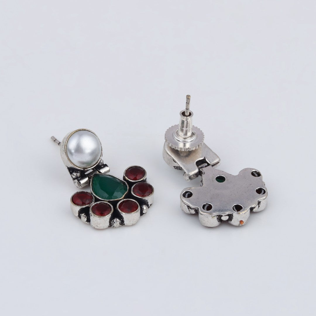 Floral Crystal Pendant Necklace Set with Matching Stud Earrings - Multi