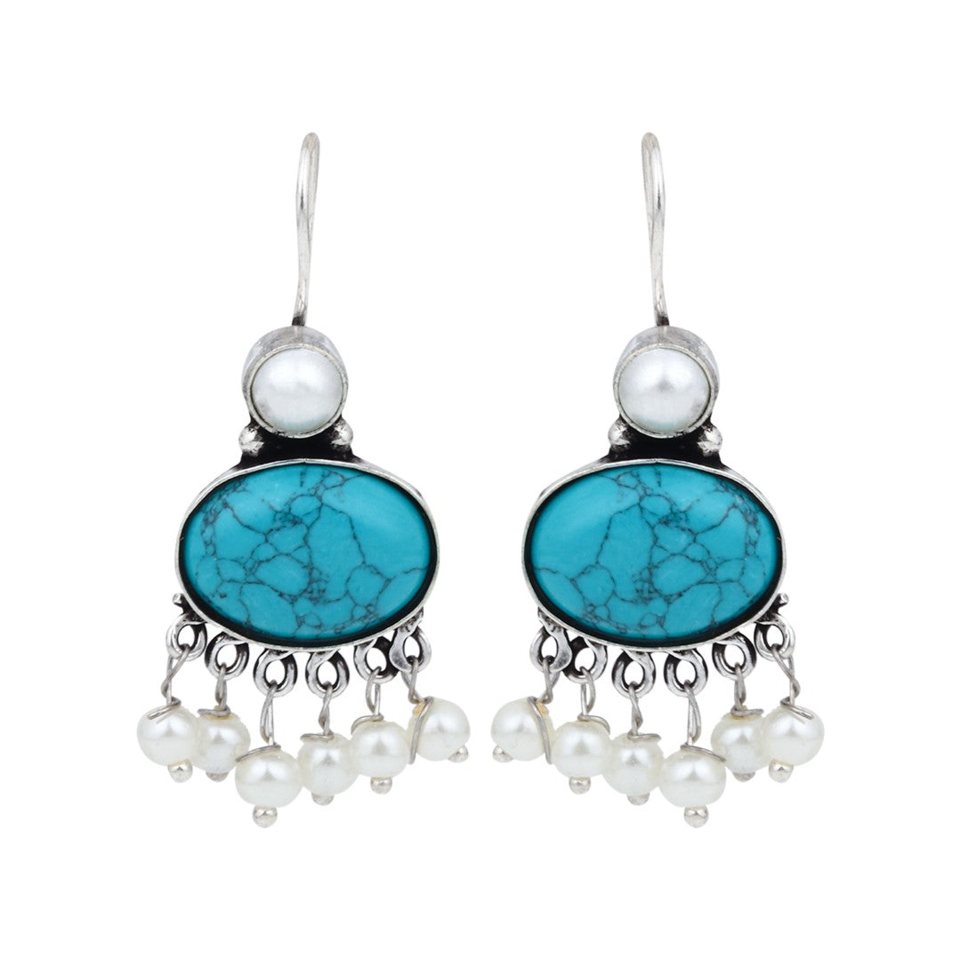 Turquoise Stone Pearl Fringe Drop Earrings