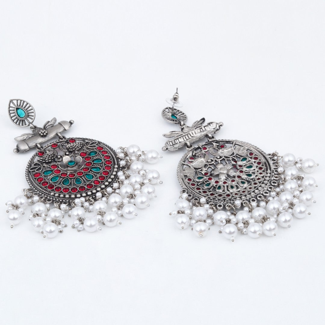Oxidised Silver Meenakari Peacock Earrings Multi