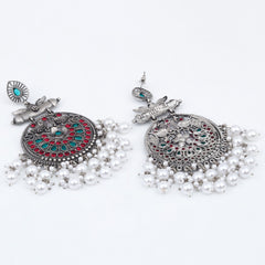 Oxidised Silver Meenakari Peacock Earrings Multi