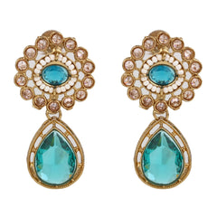 Gold plated Flower Stud with tear drop earring - Blue