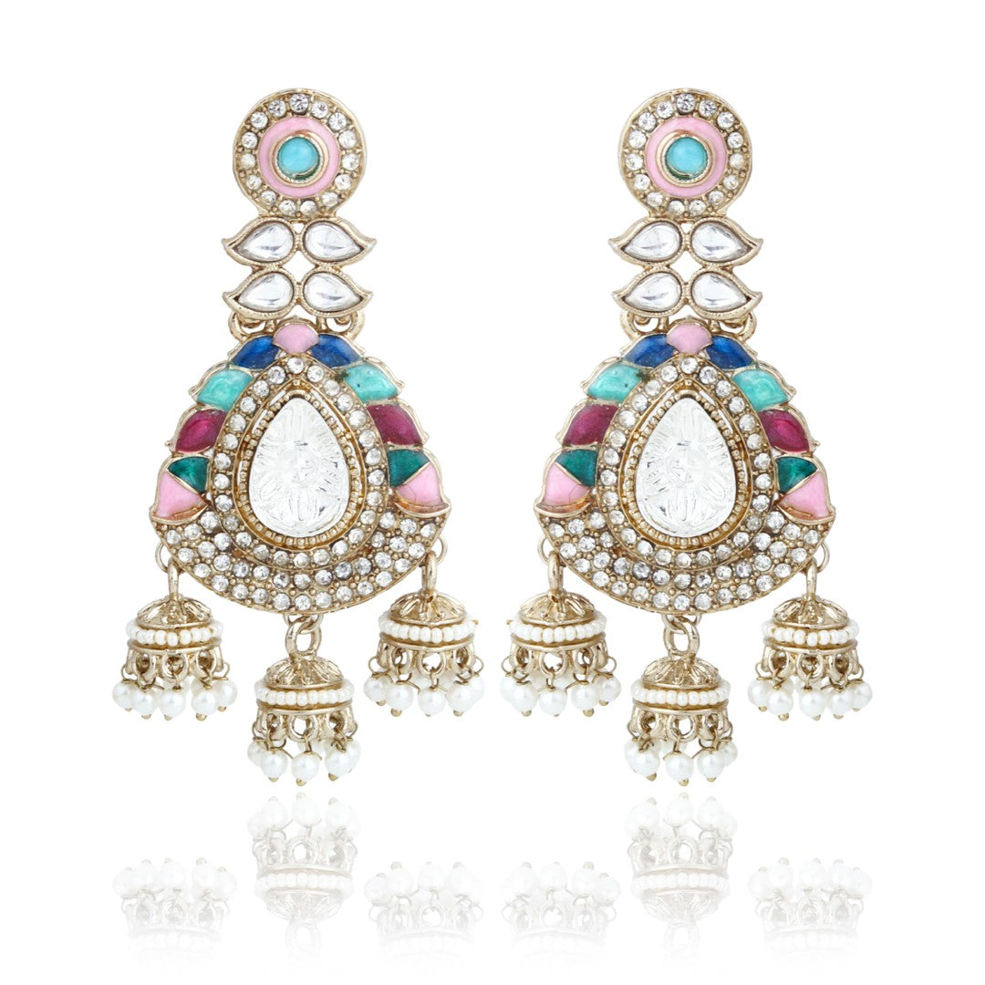 Kundan Chandbali Earrings with Jhumka Drops