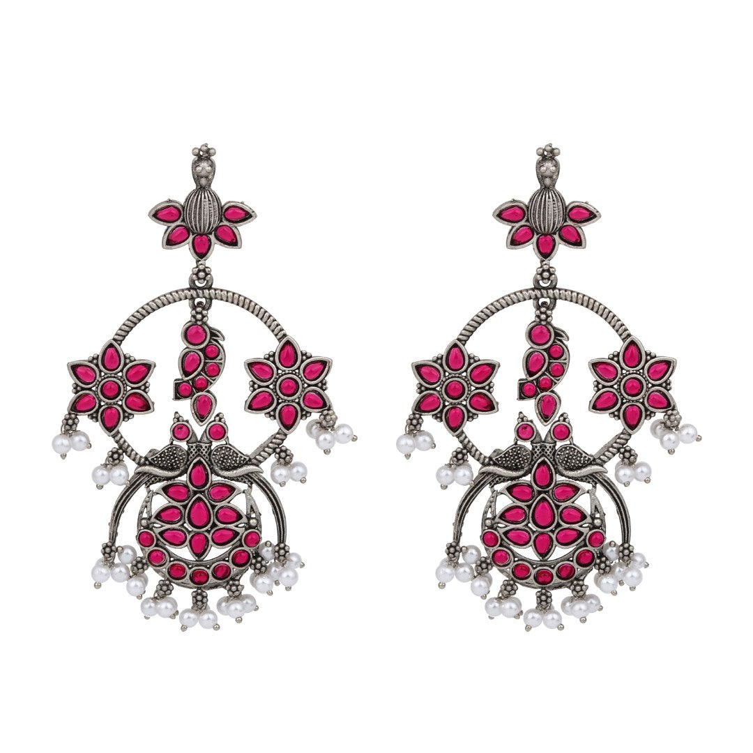 Silver plated contemporary Chandbali with Pink stones