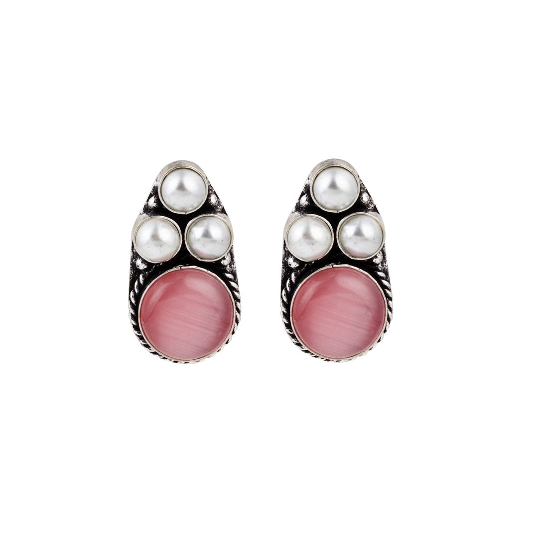 Silver Oxidised finish Pearl & Stone  pendant Set Pink
