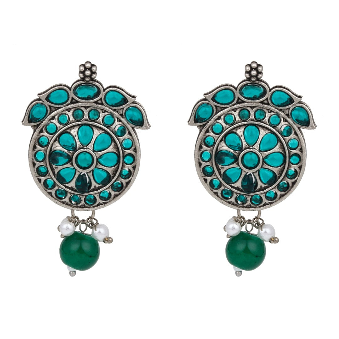 Stones Studded Circular Studs- Green