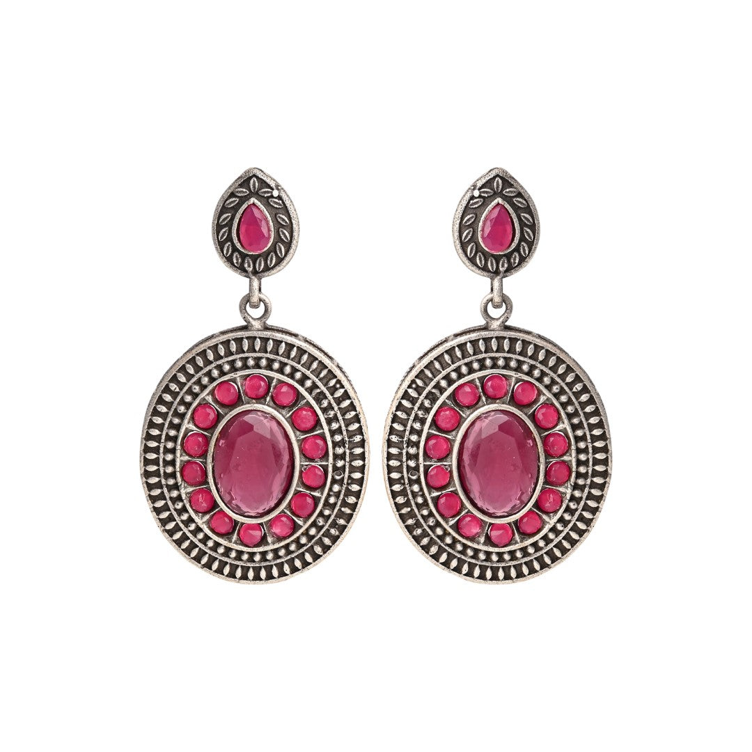 Elegant Oval Drop Earrings – Silver Oxidised Finish red