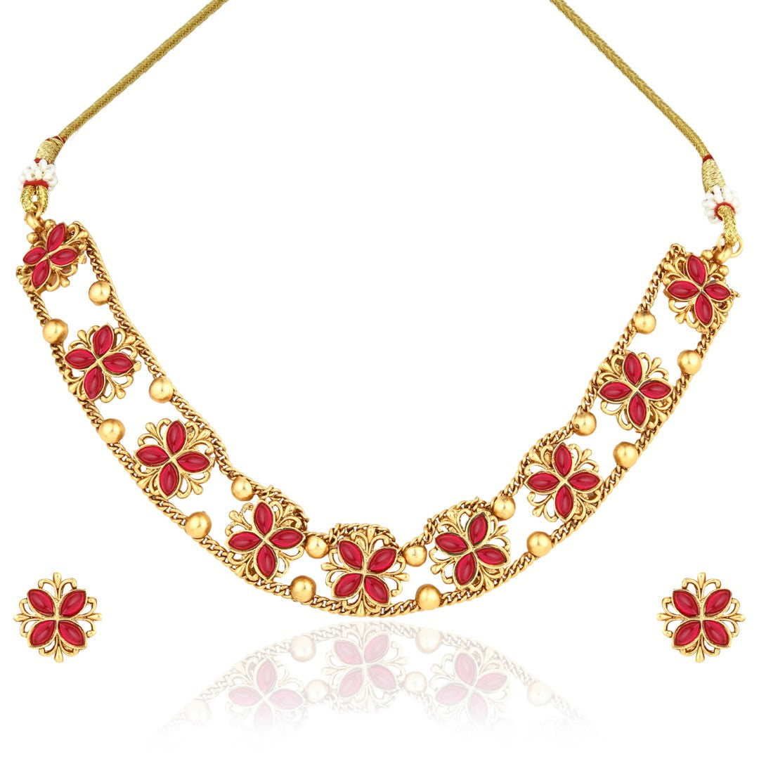 Gold plated floral Necklace set - Red