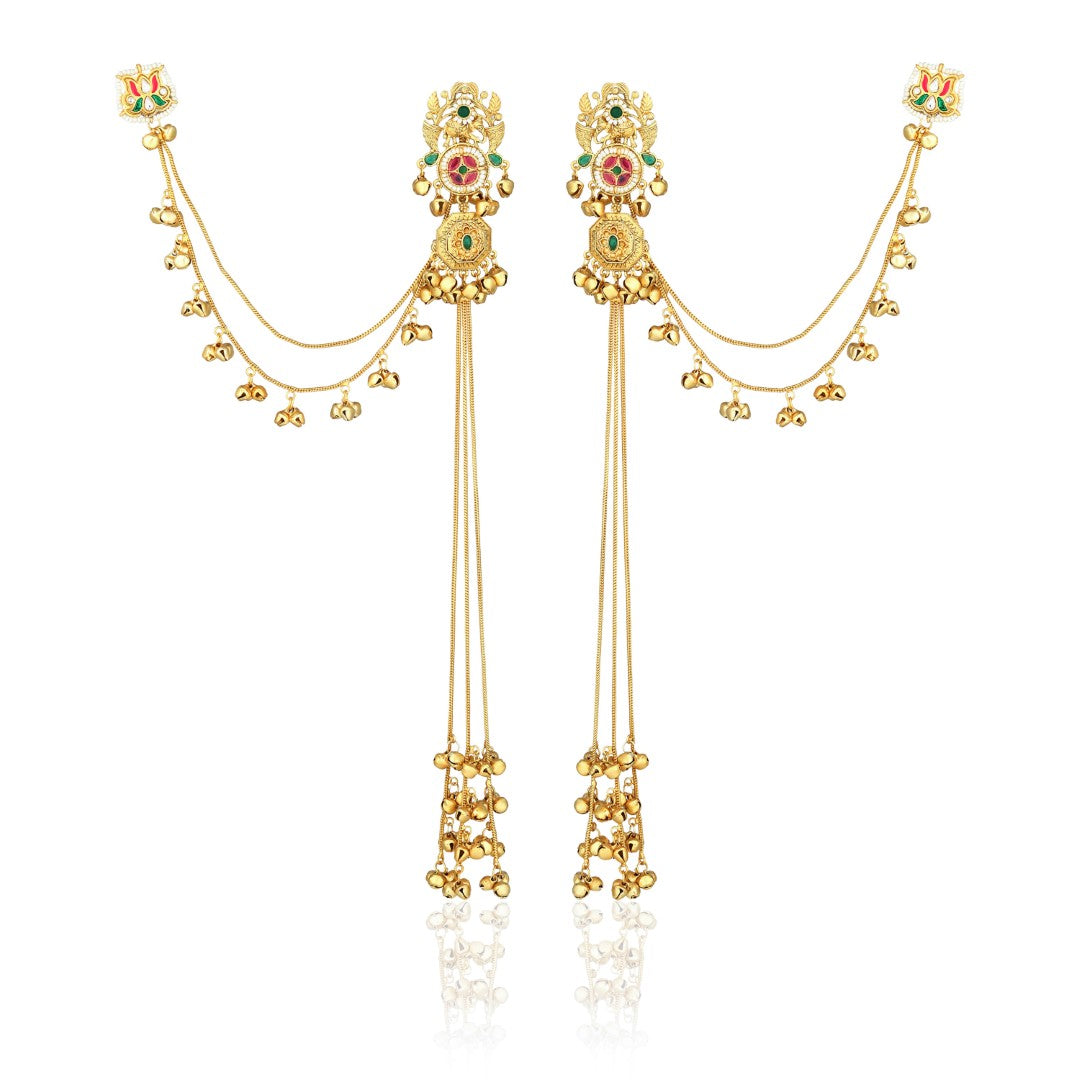 Gold-Tone Kundan &Green & Red Stone Kashmiri Long Chain Earrings