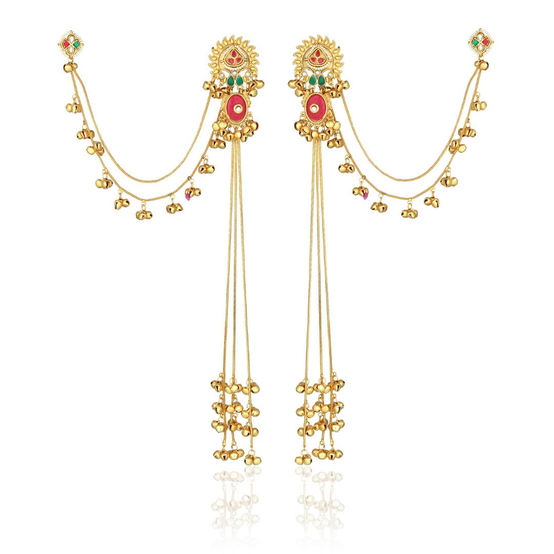 Gold plated, long Kashmiri earring with Ear chains