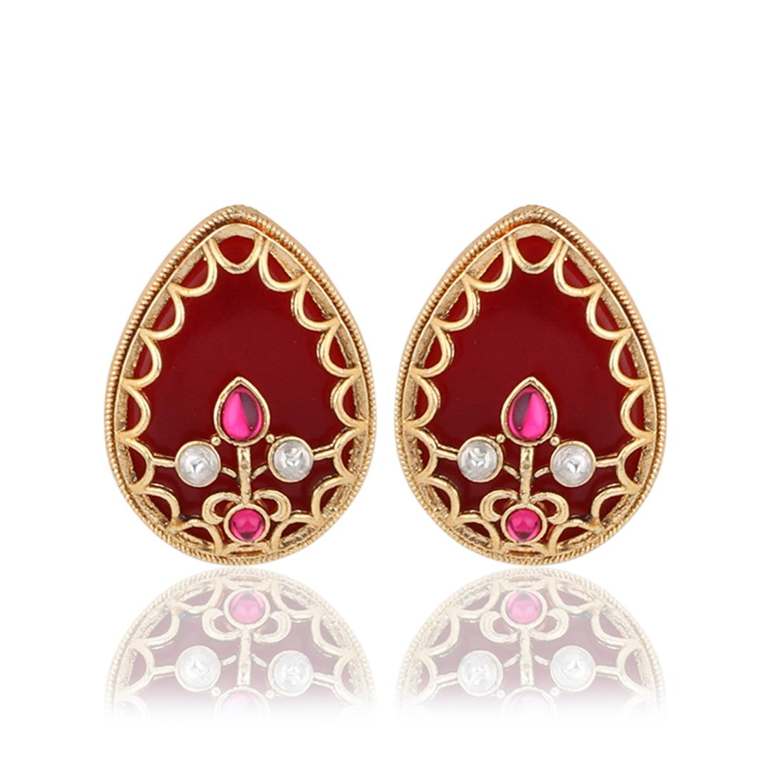 Tear drop Stone Kundan Pendant Necklace & Stud Earrings Set Red