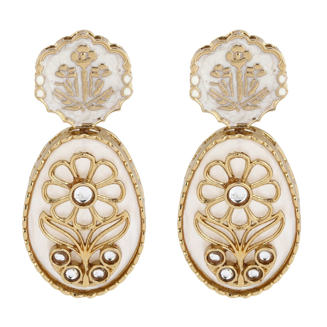 MOP Meenakari Floral Drop Earrings - White