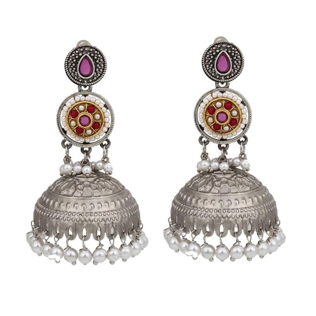 Silver plated long Jhumka - Red