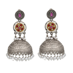 Silver plated long Jhumka - Red