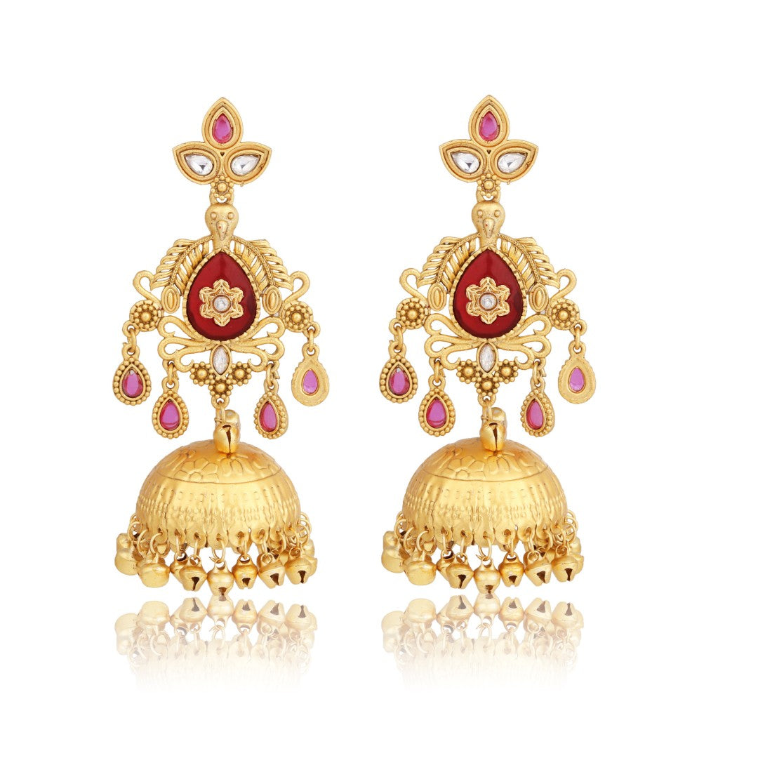 Ruby Red Temple Jhumka Earrings with Ghungroo Drops