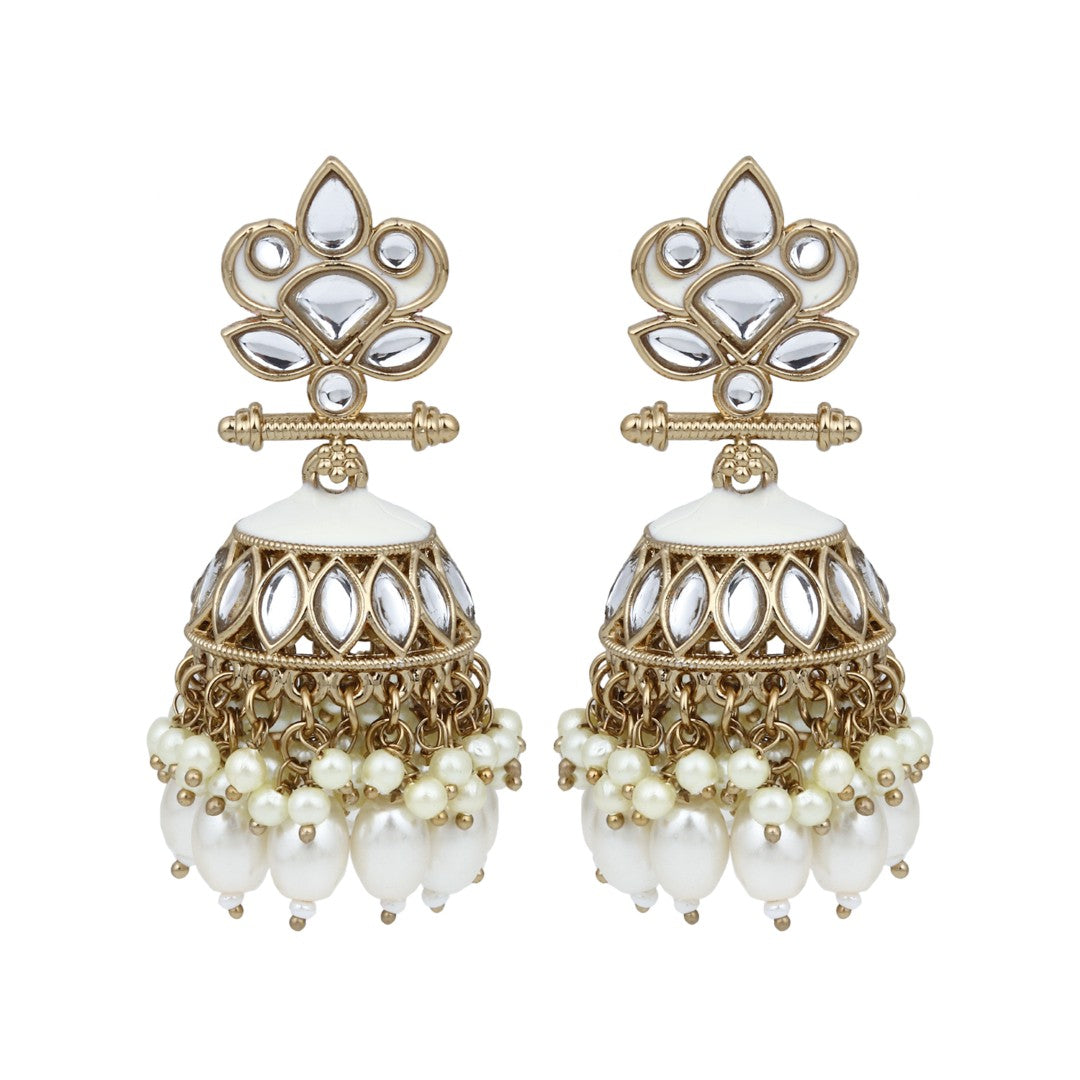 Gold plated Kundan & Meenakari Jhumka Earrings - White