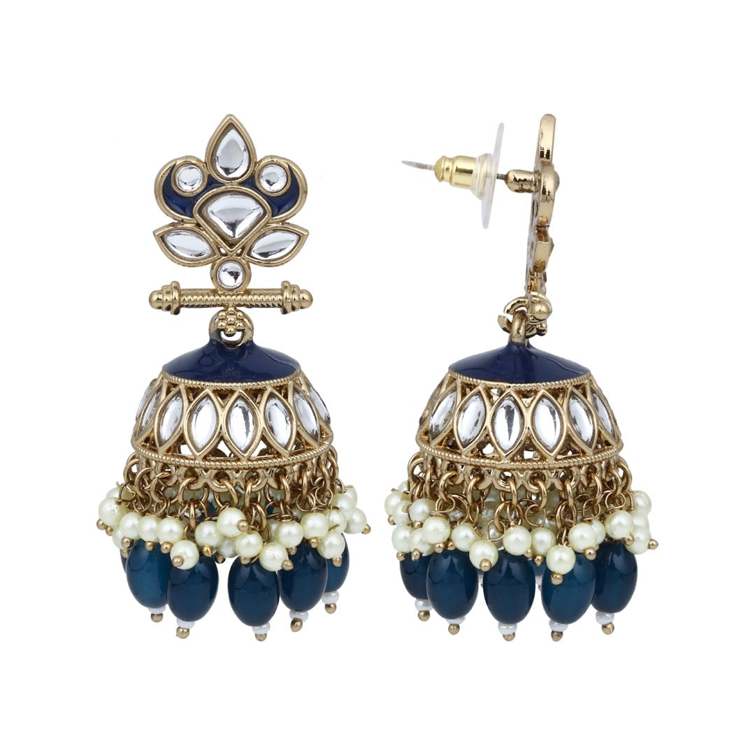 Gold plated Kundan & Meenakari Jhumka Earrings - Blue