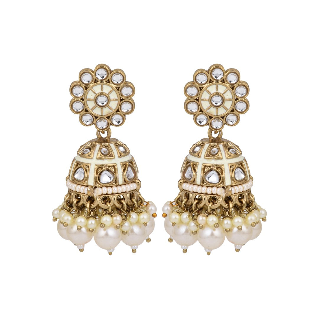 Gold plated kundan & White Meenakari Jhumka Earring