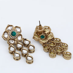 Gold plated Kundan flower drop Earrings - Grn