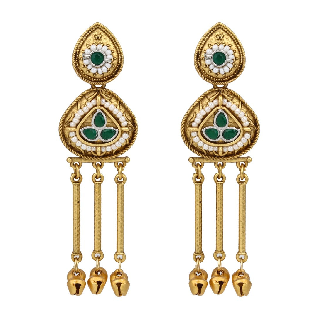 Antique Gold Temple Drop Earrings Green