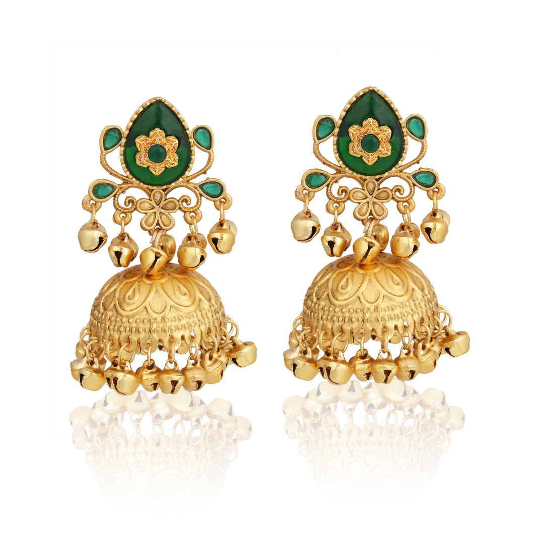 Emerald Temple Jhumka Earrings with Ghungroo Drops