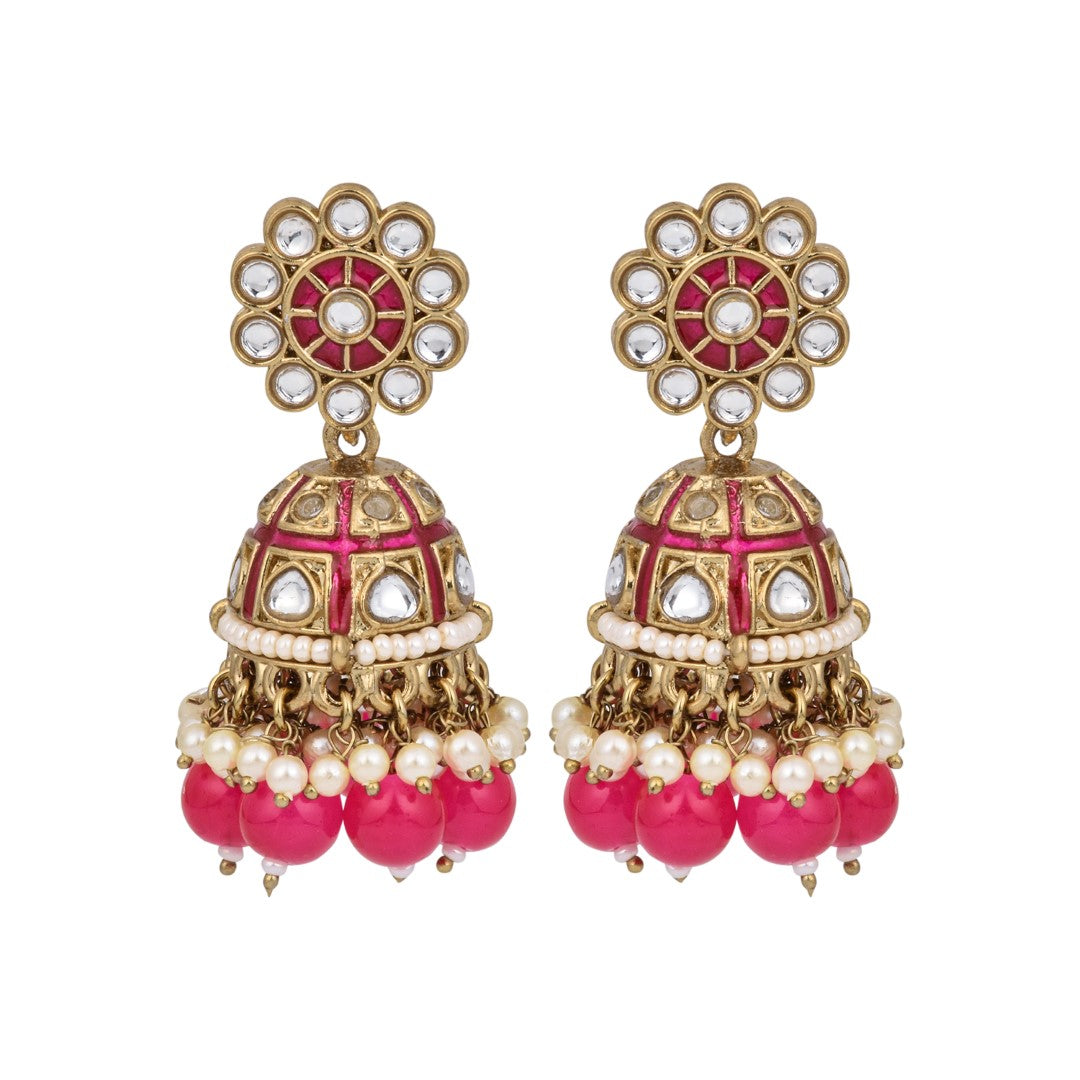 Gold plated kundan & Rani Pink Meenakari Jhumka Earring