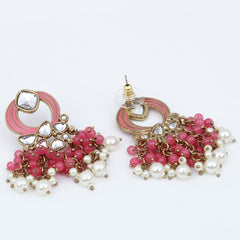 Gold-Plated Meenakari Stud Earrings with Kundan & Pearl Cluster drops - Pink