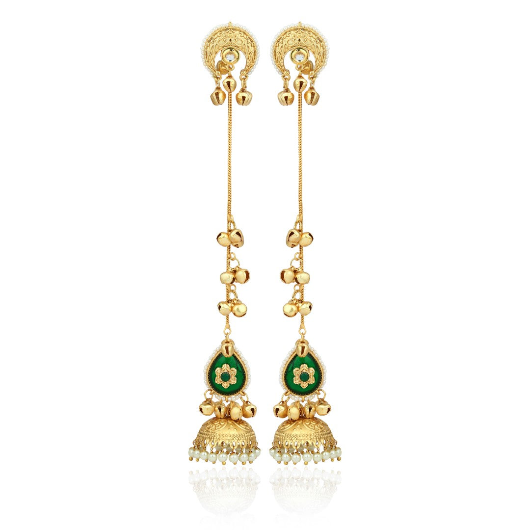 Gold plated Kshimiri long Jhumka Earrings Green