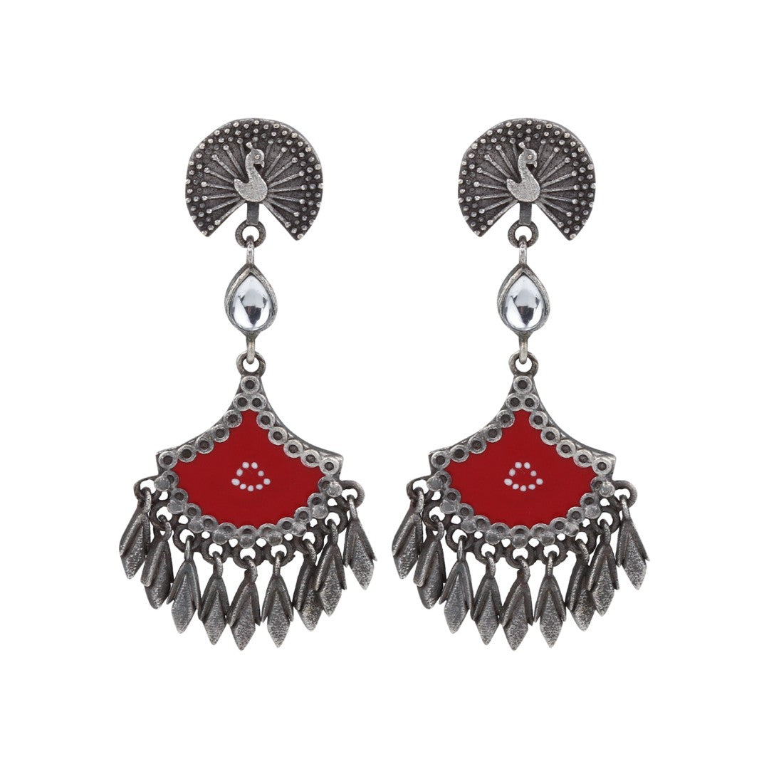 Silver Oxidised finish Red hand painted drop earring