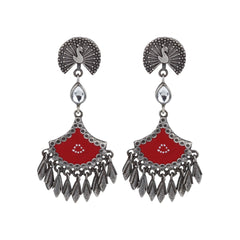 Silver Oxidised finish Red hand painted drop earring