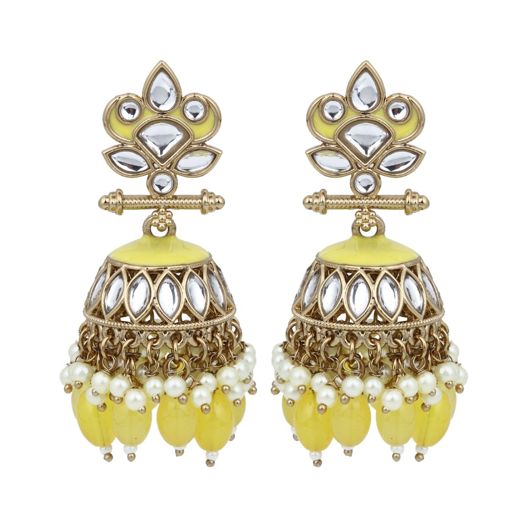 Gold plated Kundan & Meenakari Jhumka Earrings - Yellow