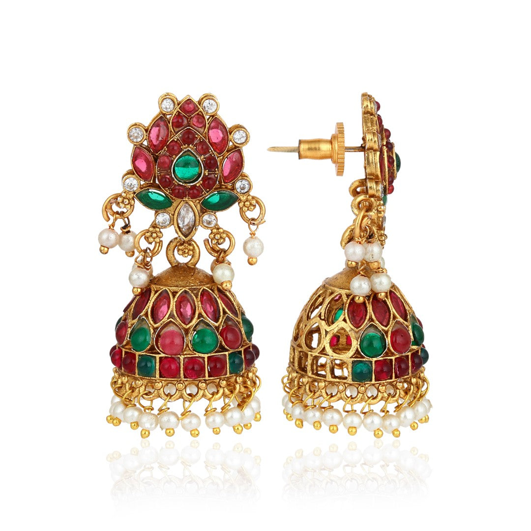 Gold Plated Red & green stone Jhumka Earring