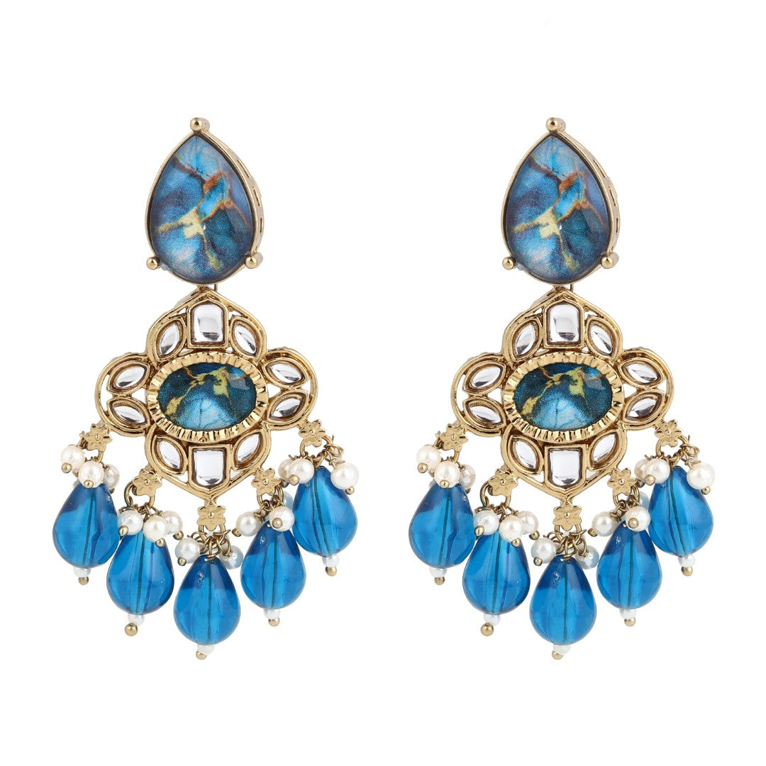 Gold-Plated Blue Kundan Chandelier Earrings with Bead Drops