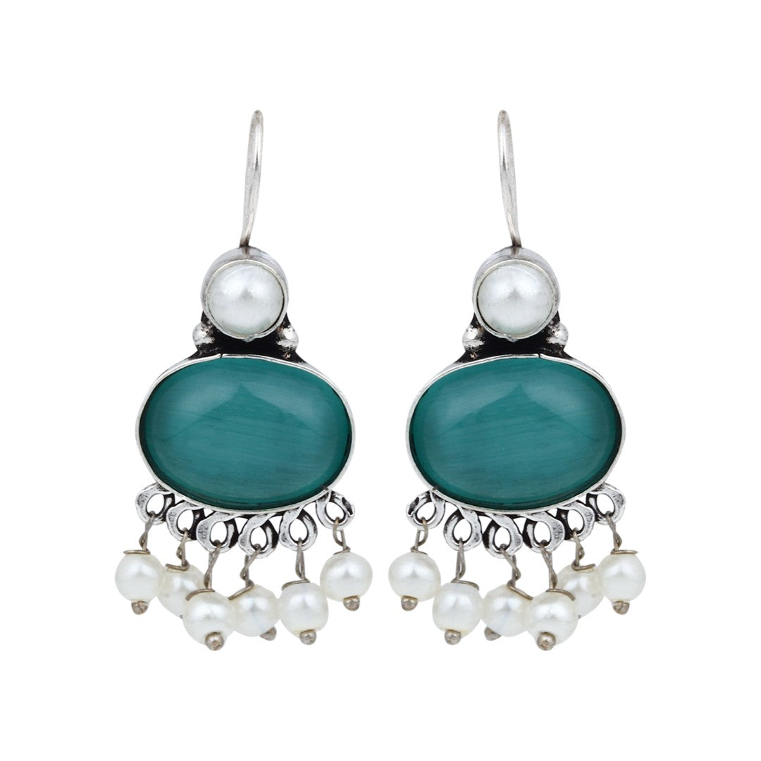 Sage green Stone Pearl Fringe Drop Earrings