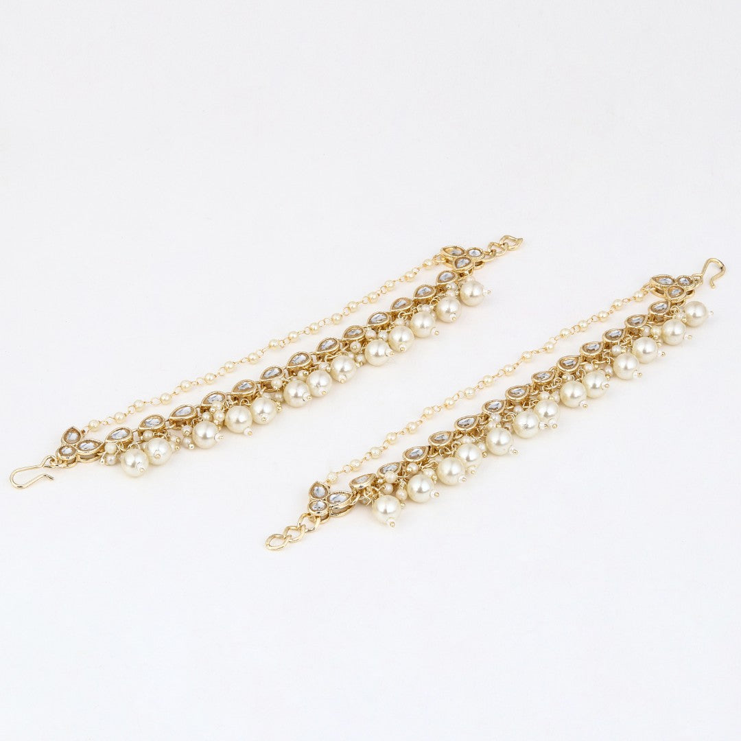 Elegant Gold-Plated Kundan & Pearl Ear Chains