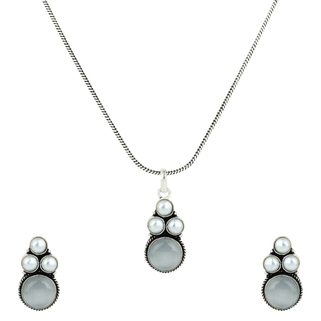 Silver Oxidised finish Pearl & Stone  pendant Set White